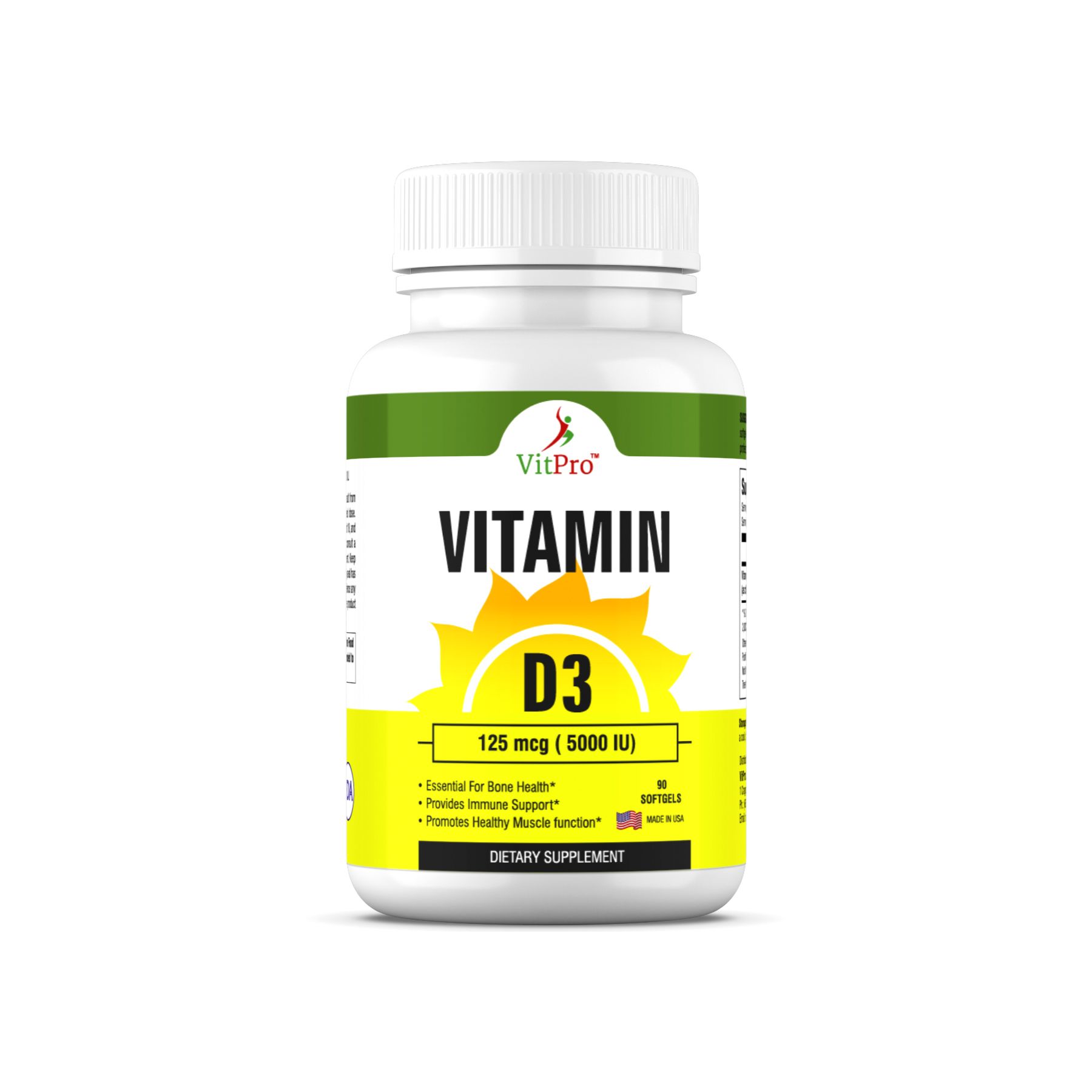 VitPro Vitamin D3 5000iu (125 mcg) for Healthy Muscle Function - 90 Softgels