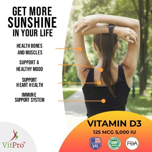 VitPro Vitamin D3 5000iu (125 mcg) for Healthy Muscle Function - 90 Softgels