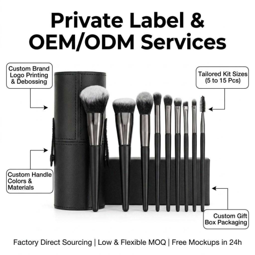 Professional 11 Pcs Matte Black Makeup Brush Set Custom Logo Vegan Synthetic Cosmetic Brushes Set with Cylinder Storage Box