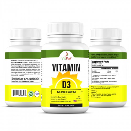VitPro Vitamin D3 5000iu (125 mcg) for Healthy Muscle Function - 90 Softgels