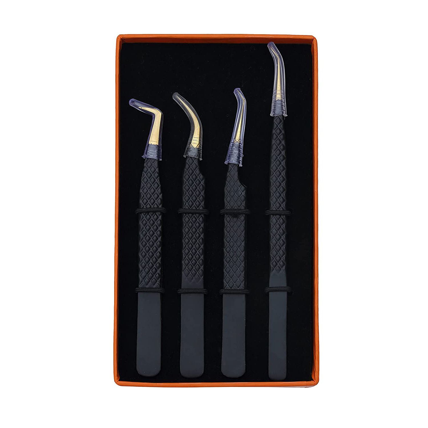 Set of 4 Diamond Grip Eyelash Extensions Tweezers Japanese Stainless Steel Lash Tweezer (Black) BY FARHAN PRODUCTS & Co