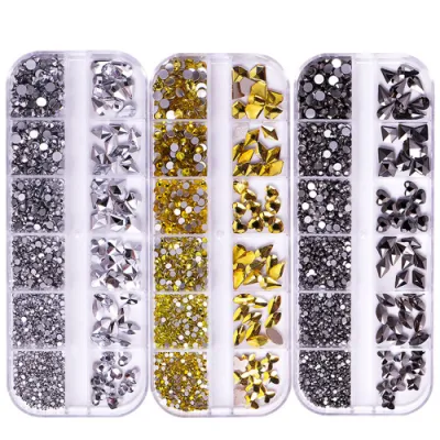 12 Grid Flat Bottom Shaped Diamond Crystal Glass Drill Nail Art Set