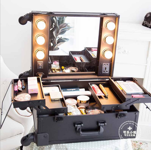 2015 New Arrival Factory Makeup Travel Outdoor Suitcase Makeup Box Cosmetics Box With LED Lamp Bulb Strip