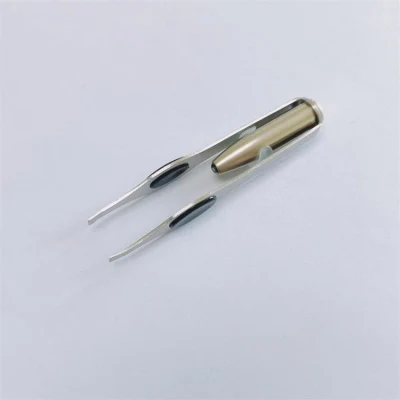 High Quality Stainless Steel Makeup Beauty Eyebrow Tweezers with LED Light and Non-Slip PVC Film