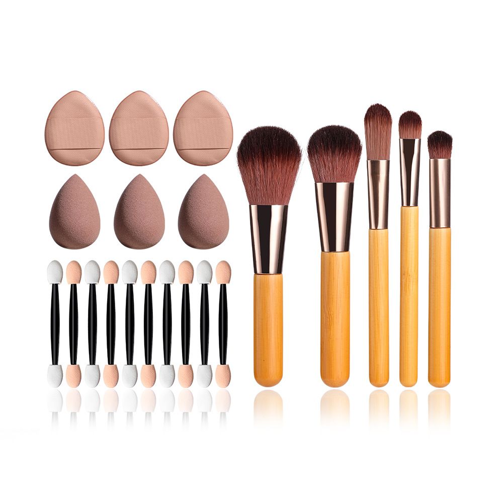 Eco-friendly Bamboo Makeup Brush Set with Cosmetic Sponge Puff Double-ended Sponge Eyeshadow Applicator Professional Beauty Tool Kit