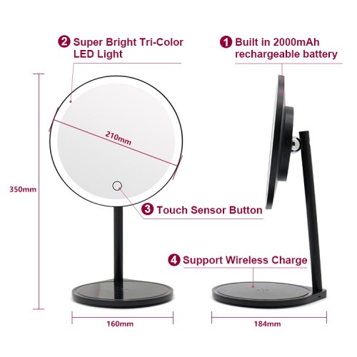 New Compact And Portable Lightweight  Wireless Charging Multi-functional LED Makeup Mirror Desktop Smartphone Charger