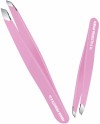 Stainless Steel Slant Tip Tweezers Professional Eyebrow & Eyelash Tweezers for Your Daily Beauty Routine ( Pink )