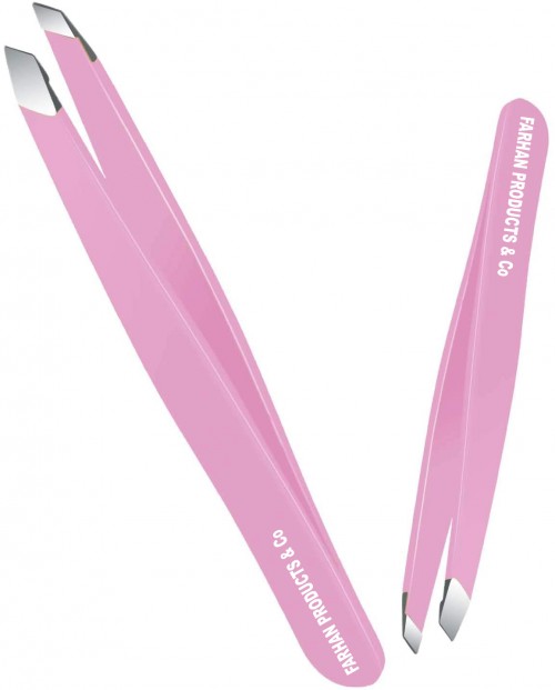 Stainless Steel Slant Tip Tweezers Professional Eyebrow & Eyelash Tweezers for Your Daily Beauty Routine ( Pink )