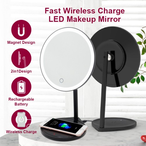 New Compact And Portable Lightweight  Wireless Charging Multi-functional LED Makeup Mirror Desktop Smartphone Charger
