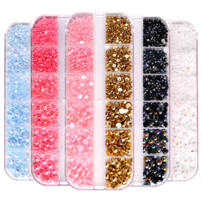 Nail Art Pearl Ornament Flat Bottom Semicircle Boxed Full Set of Non-Porous Mixed Japanese Three-Dimensional Nail Diamond Patch