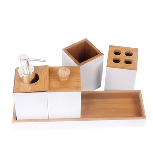 Supply Bamboo Bathroom Accessories Bath Caddy Set Includes Pump Soap Dispenser, Toothebrush Holder