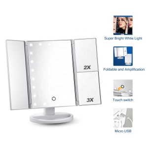 3 Sided dimmable folding trifold desktop led lighted makeup mirror with Lights 21 Led Vanity Mirror with 2X/3X Magnification
