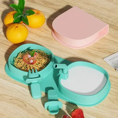 BPA Free Food Grade LFGB Silicone Foldable Baby Plate Set with Lid