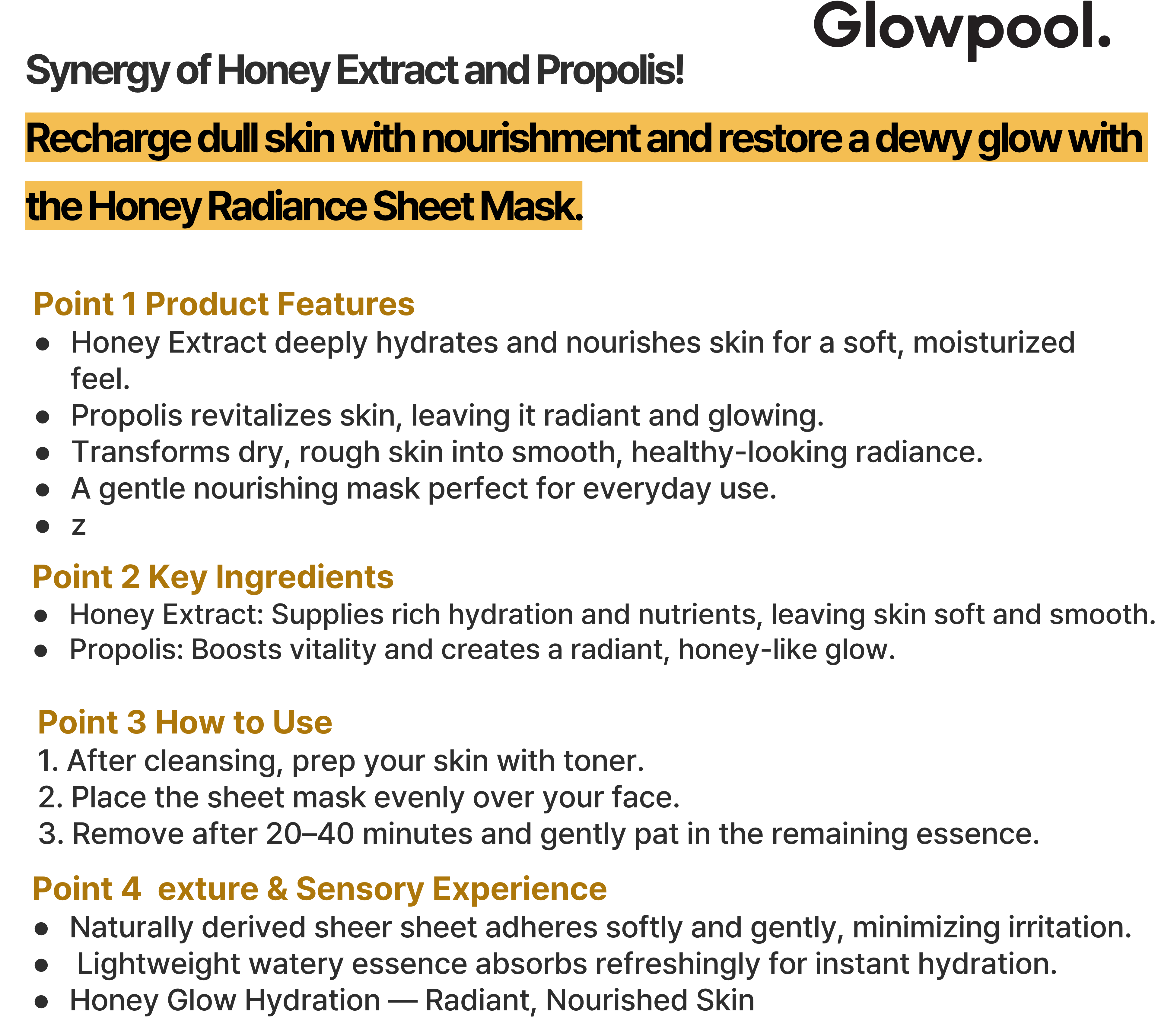 [Skin Care] GLOWPOOL HONEY PROPOLIS SHEET MASK (10 SHEET)