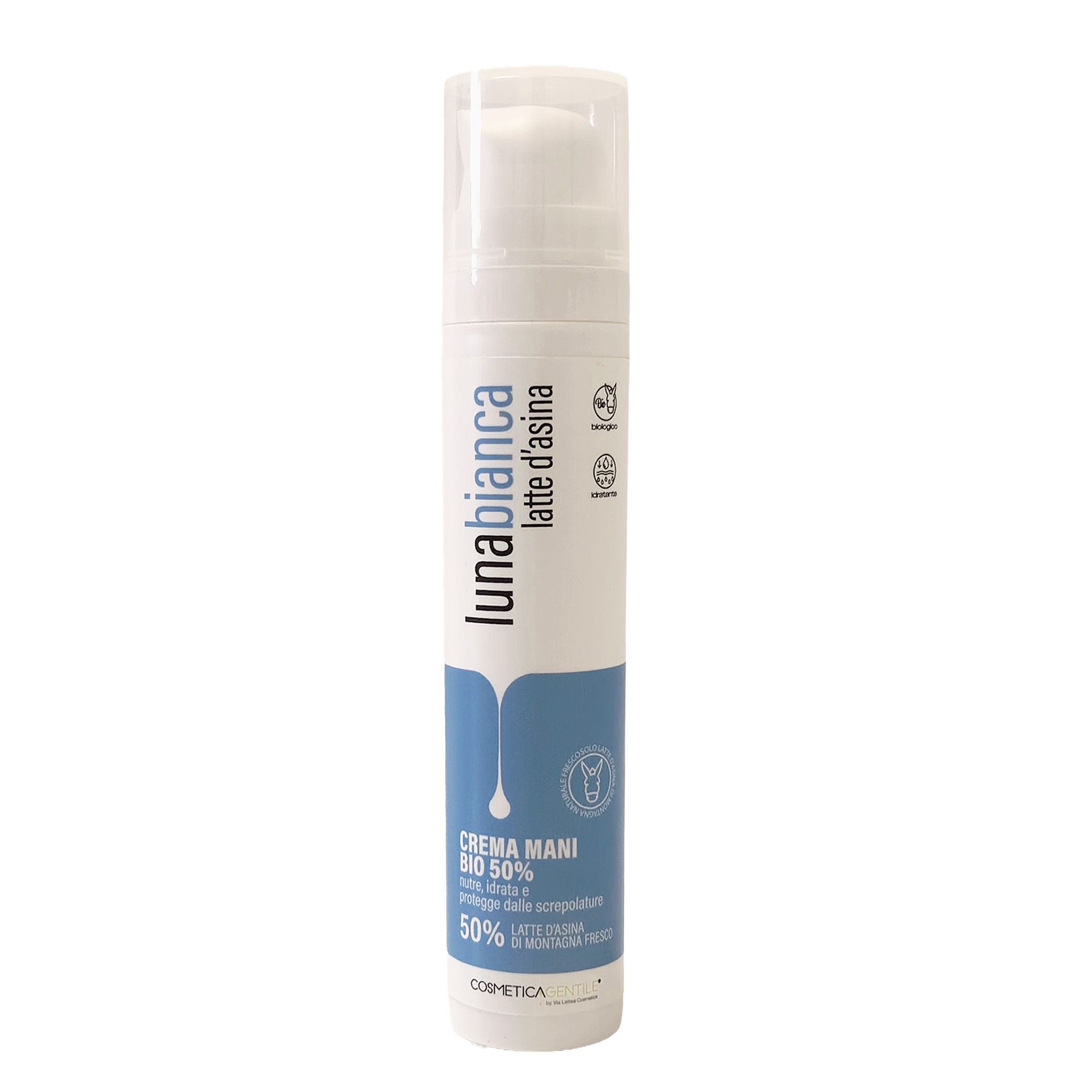 lunabianca 50% Donkey Milk Hand Cream with Shea Butter & Argan Oil – Moisturizing and Protective Care for Dry Hands, Made in Italy, 50 ml