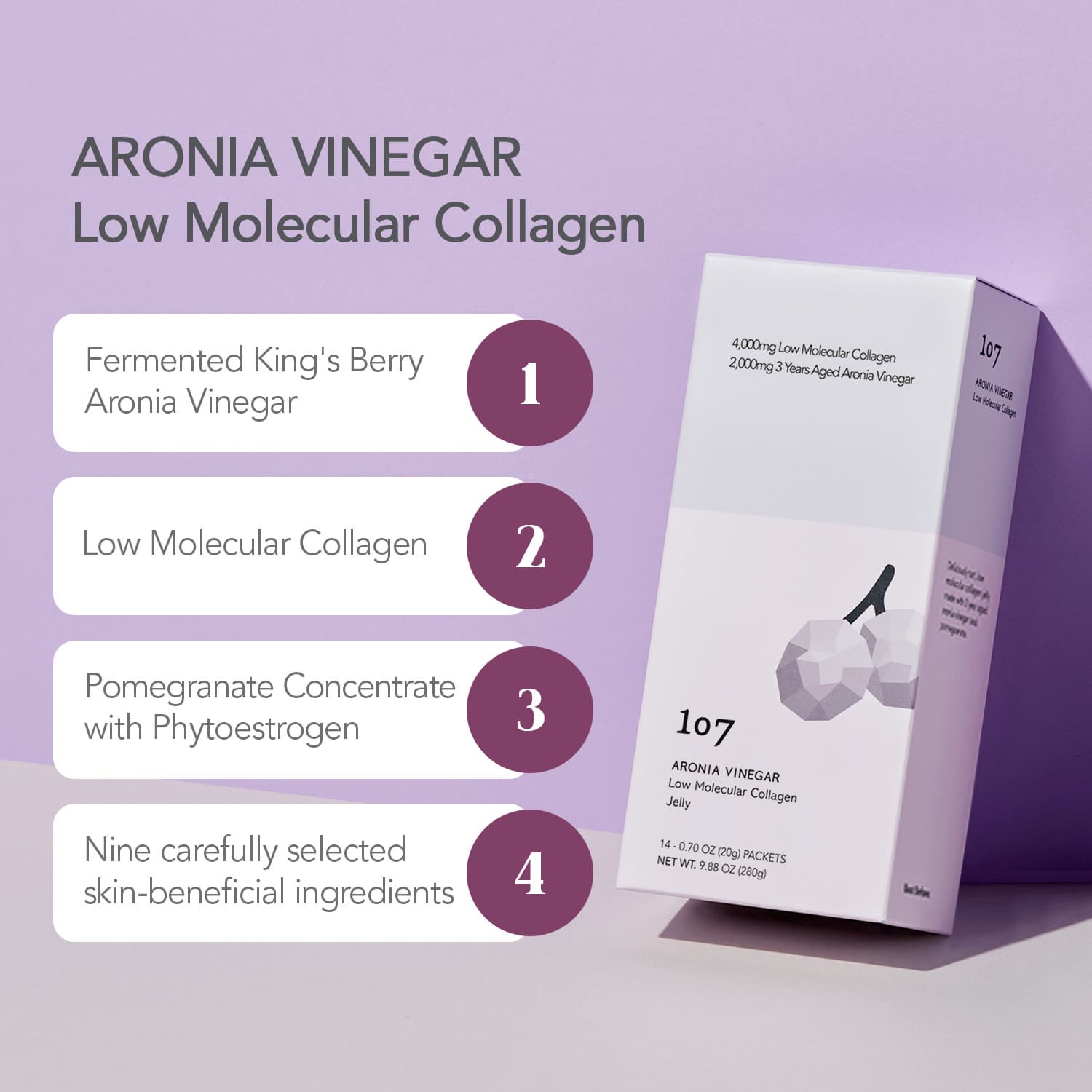 107 ONEOSEVEN ARONIA VINEGAR Low Molecular Collagen 20g x 14 pouches, Collagen jelly stick, Vitamins