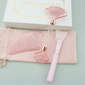 2019 New Product Acrylic Handle Rose Quartz Guasha And Jade Facial Roller Massage