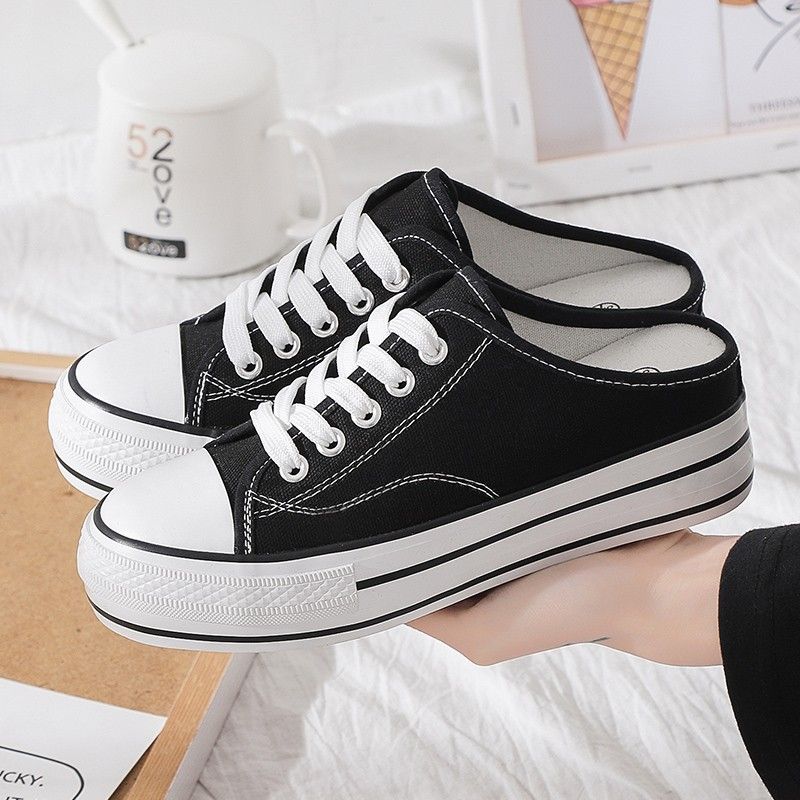 Letter chi xia Korean hot style low upper inside heighten canvas shoe female half tote shoe student joker shoe