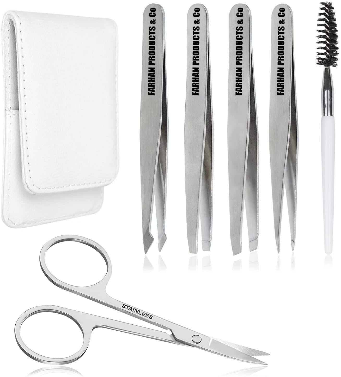 Eyebrow Tweezers Set Sliver Pack of 6 for Ingrown Facial Hair Removal Scissors Slant Pointed Tweezer Kit for Women's & Men's