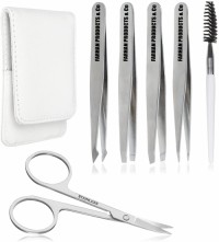 Eyebrow Tweezers Set Sliver Pack of 6 for Ingrown Facial Hair Removal Scissors Slant Pointed Tweezer Kit for Women's & Men's