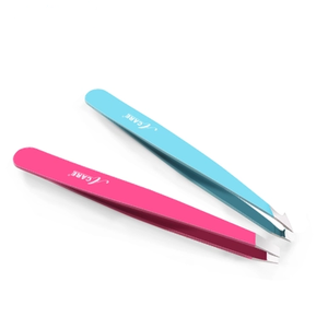 Customized logo blue pink color precision stainless steel slant pointed tip eyebrow hair plucking tweezers in tin storage box