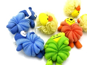 Promotional yellow soft Baby Bath Sponges with dark design PE Mesh Bath Sponge