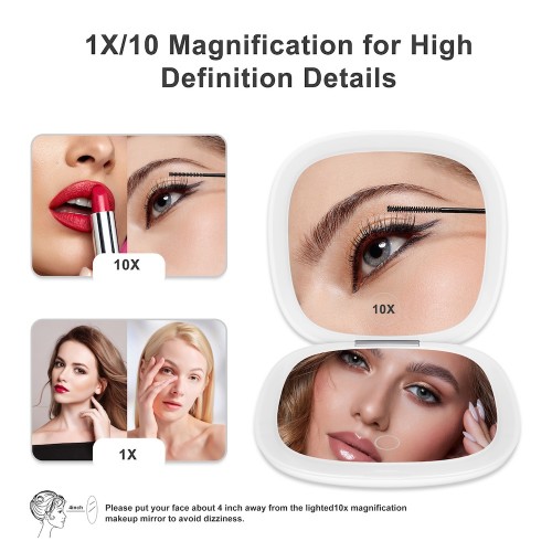 Rechargeable Portable 1X/10X Magnification Dimmable Travel-grade Double-sided LED Makeup Mirror.