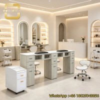 Minimalist Wood Style Double Vacuum Manicure Desk Separate Storage Drawers For Local Skin and Nail Beauty Shop