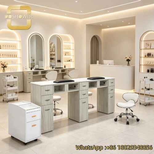 Minimalist Wood Style Double Vacuum Manicure Desk Separate Storage Drawers For Local Skin and Nail Beauty Shop