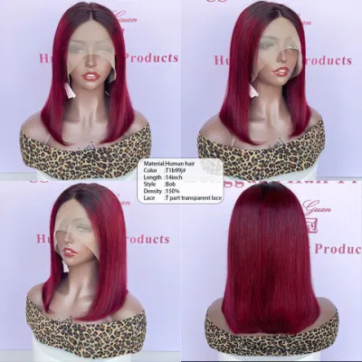 Hot Selling Factory Wholesale Real Raw Brazilian Human Hair T1b99j Colored Bob T Part Wigs for Black Women