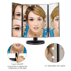 Private label Desktop Cosmetic Mirror with LED lamps USB Rechargeable Trifold Vanity Lighted 180 rotating Make Up Mirror
