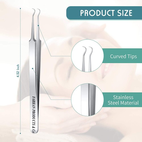 Blackhead Removal Tweezer Acne Blemish Stainless Steel Blemish Extractor Tool Acne Whitehead Pimple Bend Curved Tweezer (Sliver)