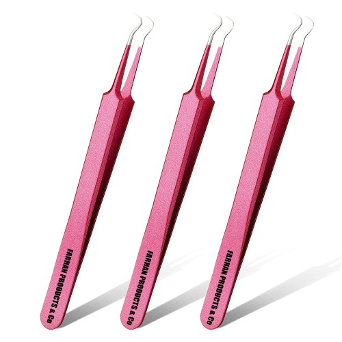 Blackhead Removal Tweezer Acne Blemish Stainless Steel Blemish Extractor Tool Acne Whitehead Pimple Bend Curved Tweezer (Pink)