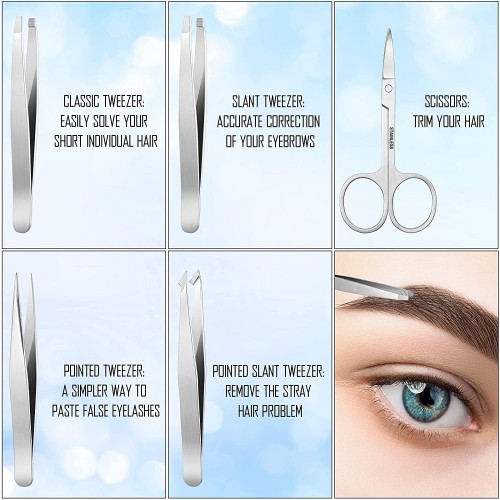 6 Pcs Stainless Steel Tweezers Set Eyebrows Tweezers Plucker Ingrown Hairs Nose Hair Trimming Tweezers Tip and Pointed