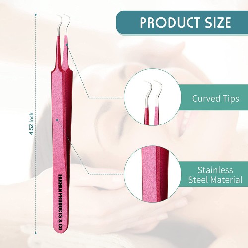Blackhead Removal Tweezer Acne Blemish Stainless Steel Blemish Extractor Tool Acne Whitehead Pimple Bend Curved Tweezer (Pink)
