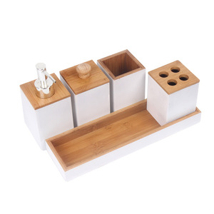 Supply Bamboo Bathroom Accessories Bath Caddy Set Includes Pump Soap Dispenser, Toothebrush Holder