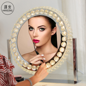 Wholesale Diamond Luxury Hollywood Style Crystal Crushed LED Light illuminated Round Makeup Vanity Mirror