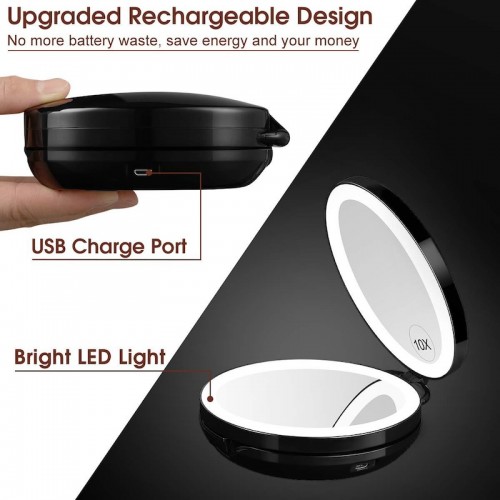 Upgraded Travel Portable Folding Rechargeable 1X/10X Magnifying LED-illuminated Makeup Mirror