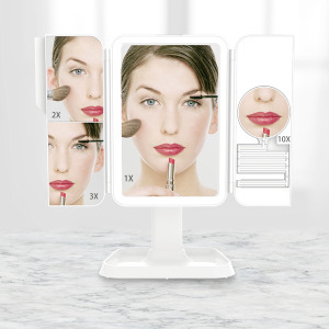 Tri-fold led light mirror with 2X 3X 10X magnification LED Makeup Mirror with touch screen