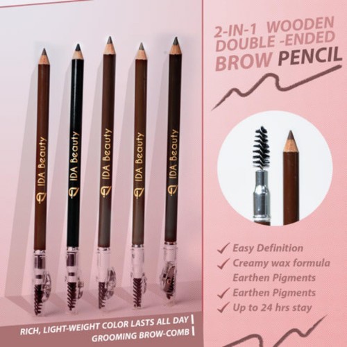 IDA Beauty Double-Sided Wooden Eyebrow Pencil - Waterproof Eyebrow Pencils for Women, Smudge-Proof, 24-Hour Wear | Vitamin-Enriched, Vegan, Halal, Cruelty-Free (1.3g)