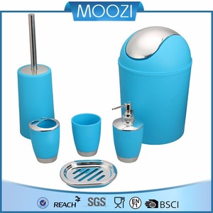 6 Piece Plastic Bath Accessory Bathroom Set, MOOZI Lotion Dispenser,Toothbrush Holder,Tumbler Cup,Soap Dish, Trash Can,Toilet Br