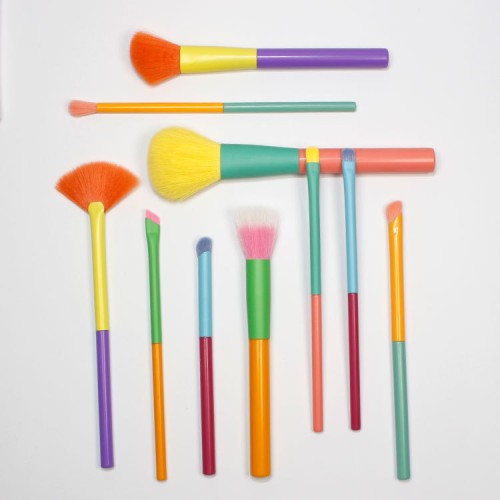 Colorful 10pcs Makeup Brush Set with Vibrant Rainbow Bristles Professional Neon Cosmetic Brushes for Private Label OEM