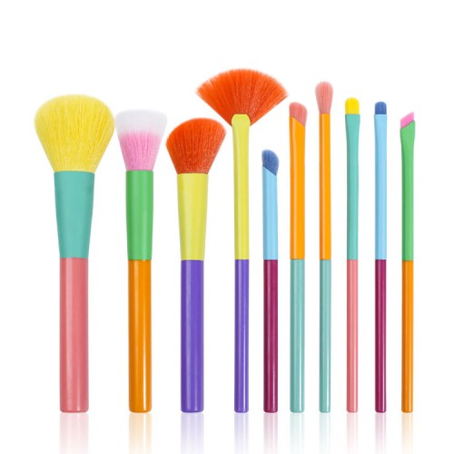 Colorful 10pcs Makeup Brush Set with Vibrant Rainbow Bristles Professional Neon Cosmetic Brushes for Private Label OEM