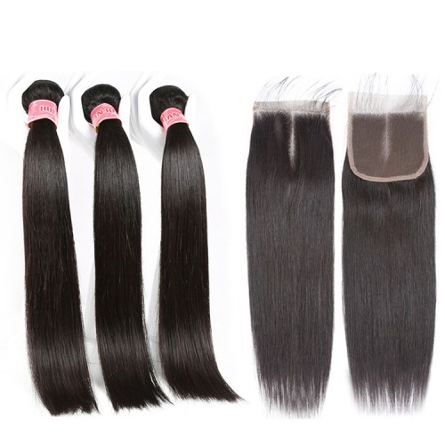 XBL Free shipping virgin brazilian human hair bundles with closure, wholesale straight wave human hair weave
