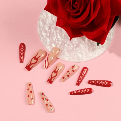 Ins French Style Valentine&prime;s Day Splints Red Heart False Nails