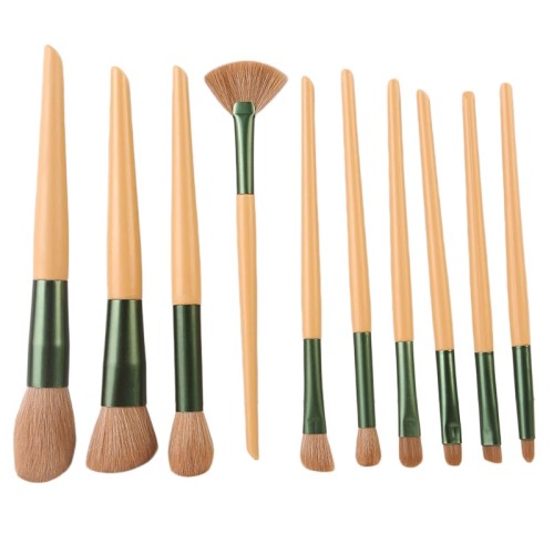 10 Piece Makeup Brush Set with Bag Flat Brush Face Tool Wooden Handle Synthetic Hair Makeup Brush Set