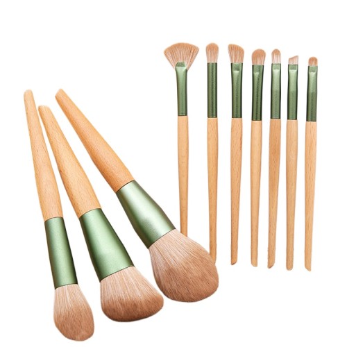 10 Piece Makeup Brush Set with Bag Flat Brush Face Tool Wooden Handle Synthetic Hair Makeup Brush Set