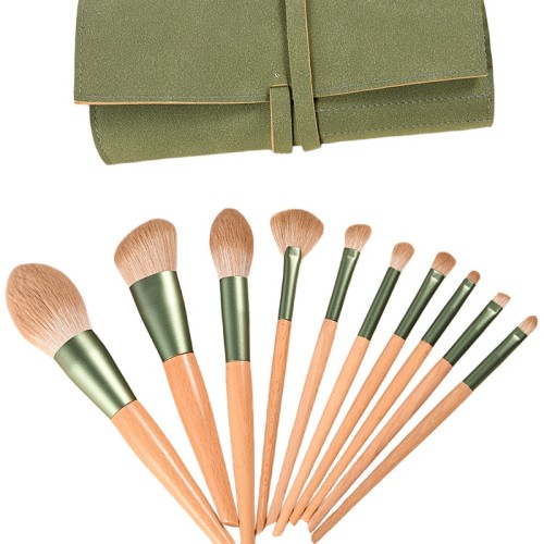 10 Piece Makeup Brush Set with Bag Flat Brush Face Tool Wooden Handle Synthetic Hair Makeup Brush Set