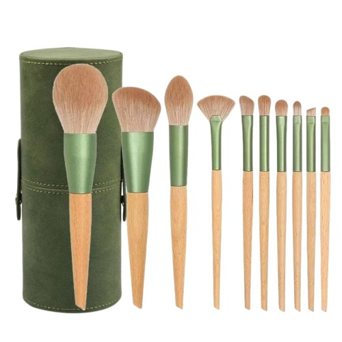 10 Piece Makeup Brush Set with Bag Flat Brush Face Tool Wooden Handle Synthetic Hair Makeup Brush Set