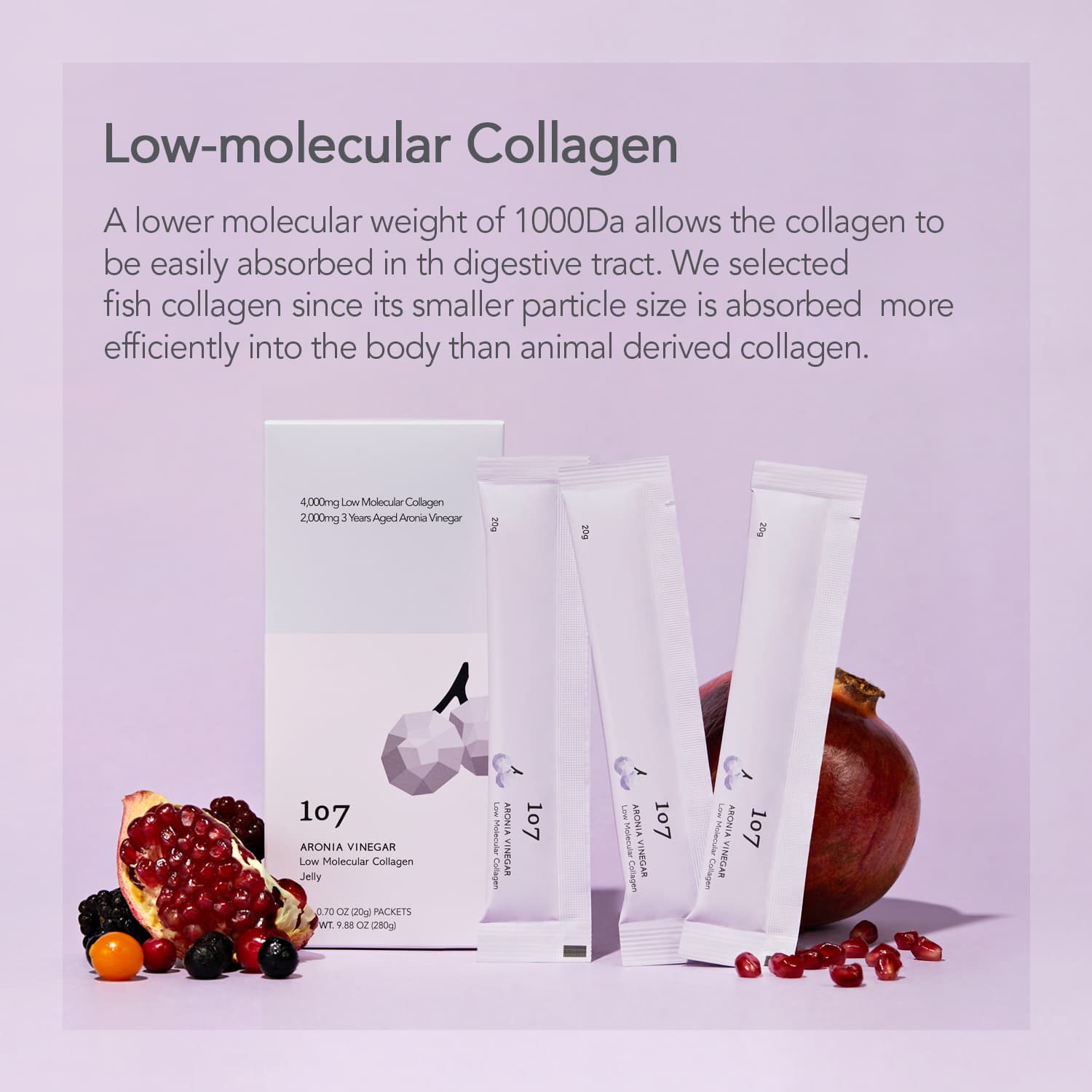 107 ONEOSEVEN ARONIA VINEGAR Low Molecular Collagen 20g x 14 pouches, Collagen jelly stick, Vitamins